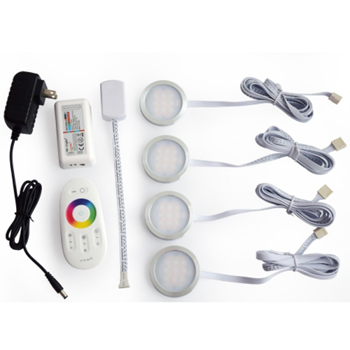 DC12V 3W/PCS 4PCS RGB+Daylight White/RGB Color Changing Under Cabinet LED Puck Light Kit, With 2.4G Touch Remote